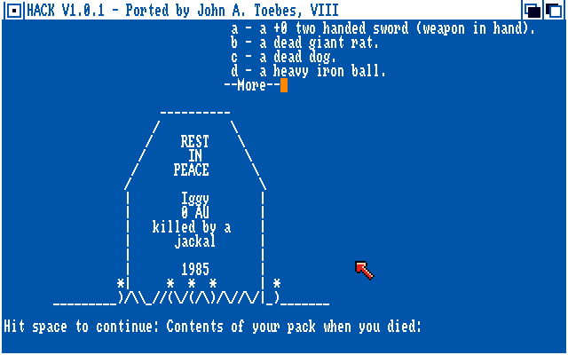 Hack (Amiga) screenshot: (v1.01) Killed by the rat
