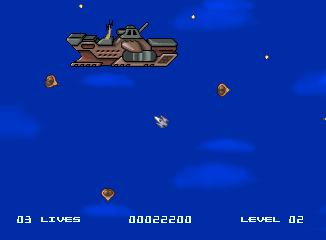 Kobayashi Maru (Jaguar) screenshot: The second boss of the game. By constantly firing and the boss, a percentage number is displayed to show how much damage you delivered to the boss.