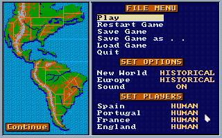 Gold of the Americas: The Conquest of the New World (Amiga) screenshot: Main menu.