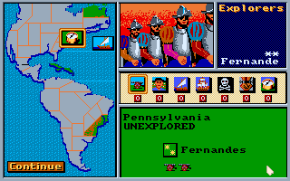 Gold of the Americas: The Conquest of the New World (Amiga) screenshot: Sending explorers to Pennsylvania.