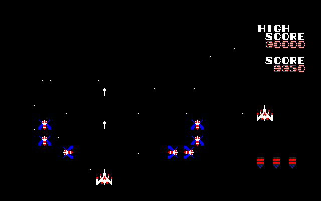Galaga (FM-7) screenshot: Challenging stage: Shoot as many aliens as you can before they leave the screen