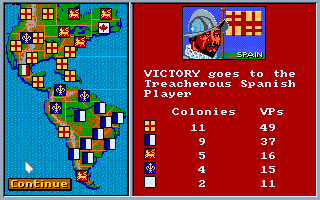 Gold of the Americas: The Conquest of the New World (Amiga) screenshot: After 30 turns the game ends and a winner is declared.
