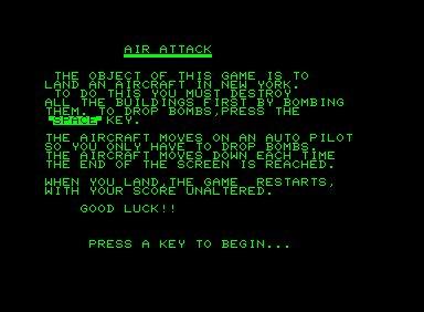 Air Attack (Commodore PET/CBM) screenshot: Instructions