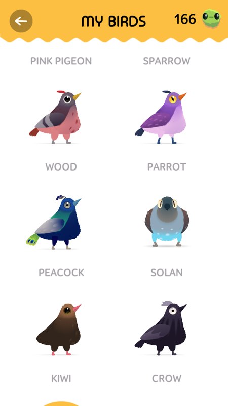 Pigeon Pop (Android) screenshot: My birds collection
