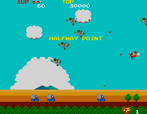 Sky Kid (Arcade) screenshot: Halfway point with enemies all around