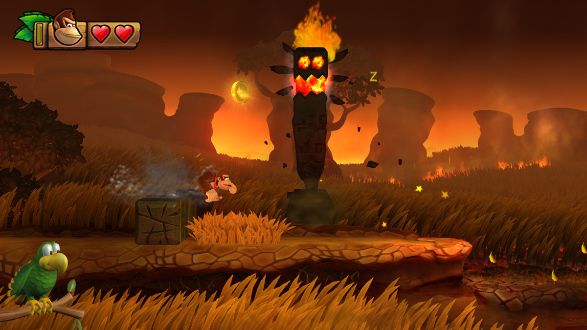Donkey Kong Country: Tropical Freeze (Wii U) screenshot: The third island's theme is savanna. In this level the savanna is burning.