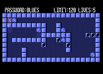 Magic of Words (Atari 8-bit) screenshot: Level 2: password blues, limit 120 moves