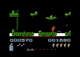 Fred (Atari 8-bit) screenshot: Bird, water and a drop