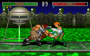 BloodStorm (Arcade) screenshot: Fighting by a lake of acid.