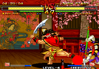 Samurai Shodown V (Arcade) screenshot: He uses naginata to block