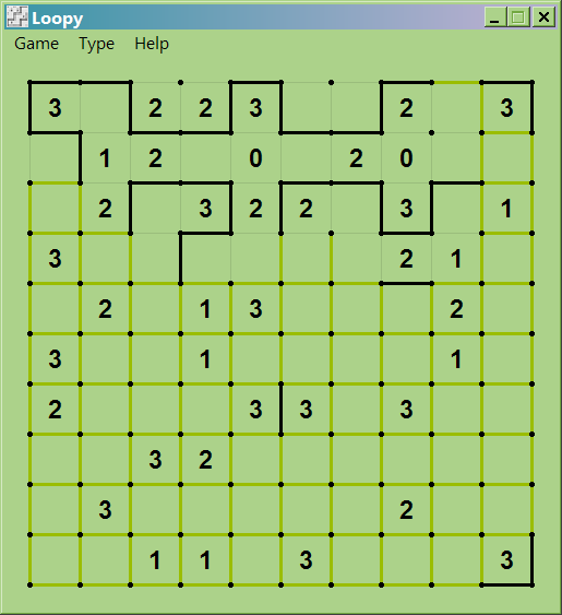 Loopy (Windows) screenshot: A game in progress (10x10 Squares)