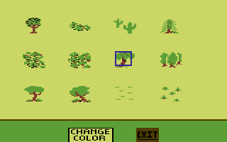 The Railroad Works (Commodore 64) screenshot: Choosing a tree to place on the track.