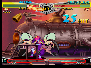 Darkstalkers 3 (PlayStation) screenshot: Now Morrigan is attacking Hsien-Ko with an special move like clones.