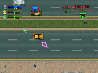 Grand Theft Auto 2 (PlayStation) screenshot: You can also earn money by stealing a Taxi and collecting fares.