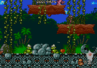 Chuck Rock (Genesis) screenshot: (Gore scene behind the rock)
