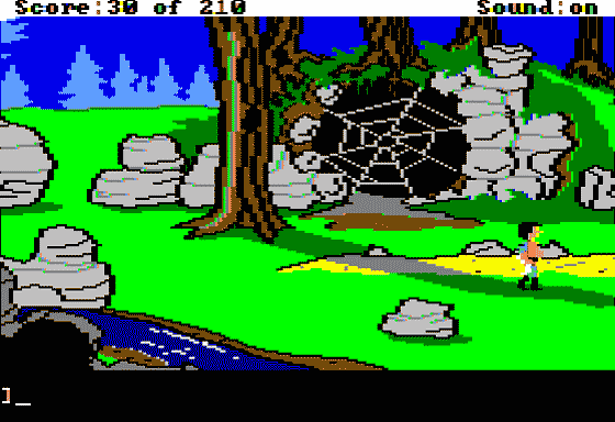 King's Quest III: To Heir is Human (Apple II) screenshot: Cave is blocked by a spider web. I wouldn't mess with it if I were you