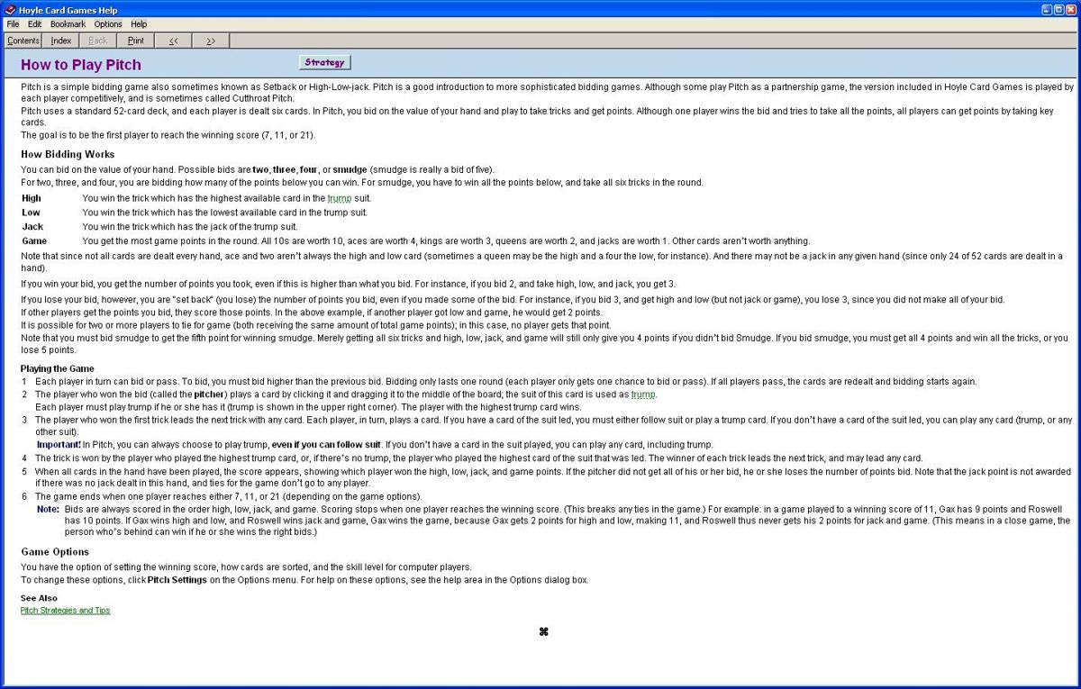 Hoyle Card Games (Windows) screenshot: All games have an associated set of rules which opens in a new window. These are the rules for Pitch