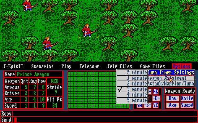 TeleEpic II (Amiga) screenshot: As in chess, you may restrict the time given each player to make his moves. It may save telephone bills as well.