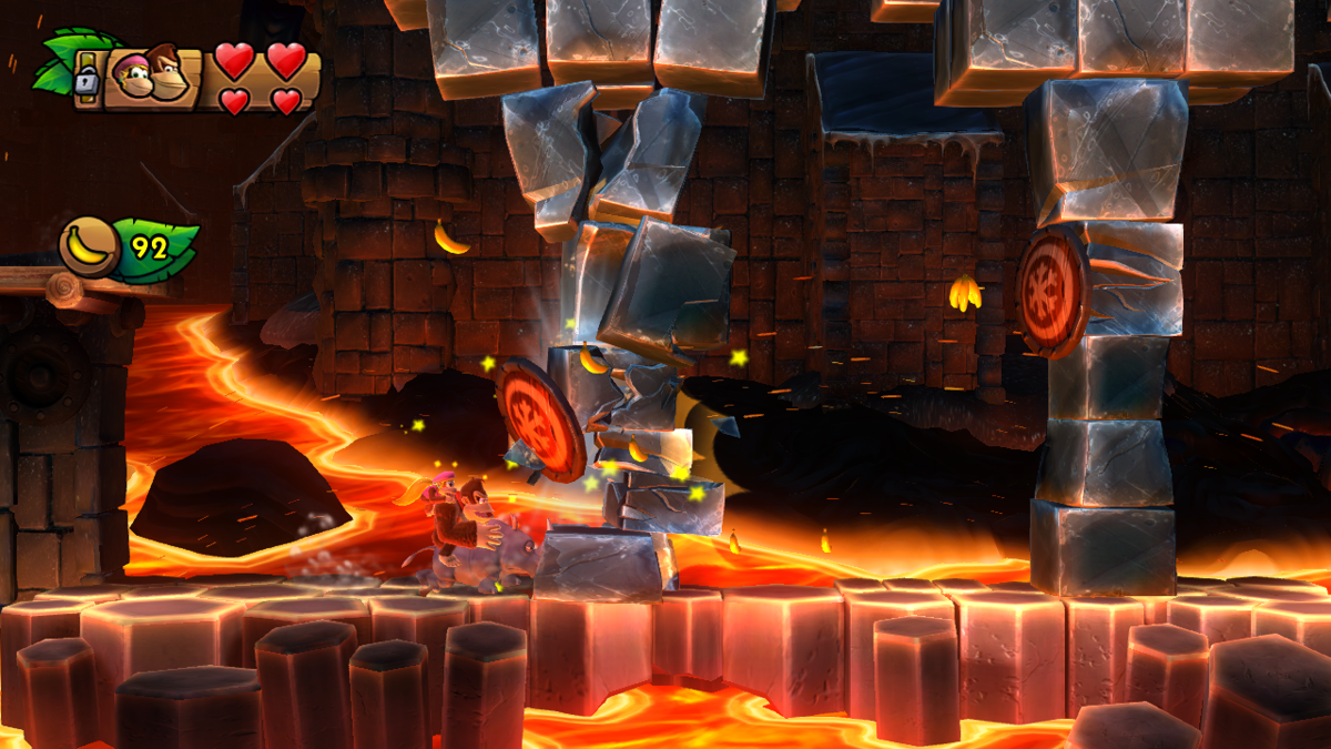 Donkey Kong Country: Tropical Freeze (Wii U) screenshot: Riding a friendly rhino, escaping the lava