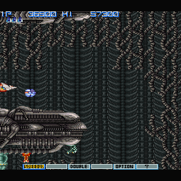 Vulcan Venture (Sharp X68000) screenshot: Stage 2: Synthetic Life, featuring an H. R. Giger inspired layout