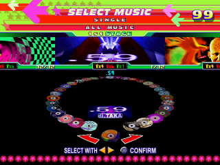 Dance Dance Revolution: Konamix (PlayStation) screenshot: When the all music mode is on, you can choose all the songs available without choosing genres.