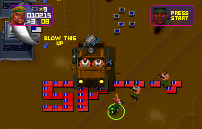 Total Carnage (Arcade) screenshot: Jeeps driving down screen.