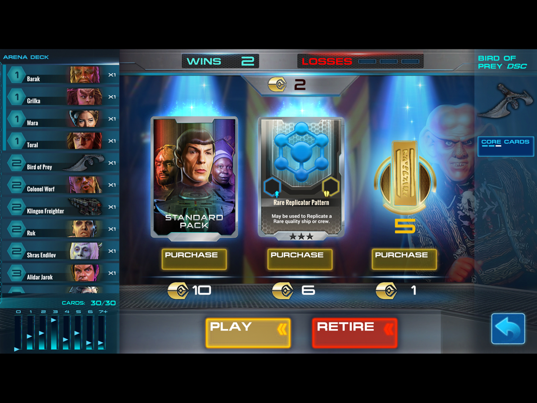 Star Trek: Adversaries (iPad) screenshot: You can spend points on Latinum, a replicate card or a standard card pack.