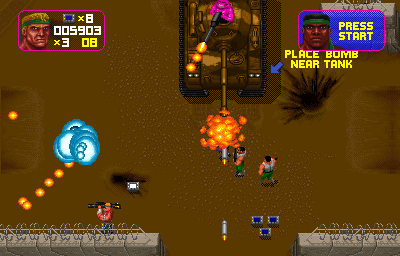 Total Carnage (Arcade) screenshot: A tank to blast as well.