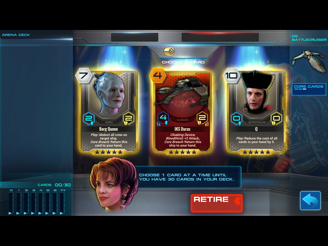 Star Trek: Adversaries (iPad) screenshot: Choosing the cards for my deck.