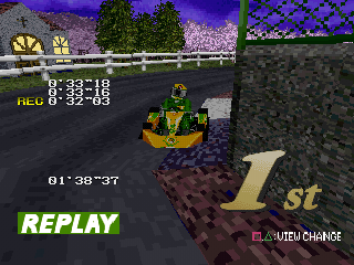 Ayrton Senna Kart Duel 2 (PlayStation) screenshot: A full replay (three laps) will be played after the race. There are four views to choose from.