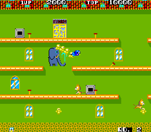 Flicky (Arcade) screenshot: Put them in the exit.