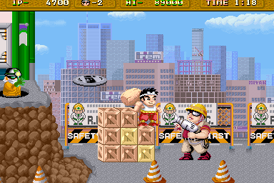Hammerin' Harry (Arcade) screenshot: End of stage boss.
