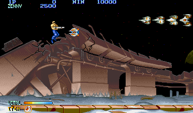 Forgotten Worlds (Arcade) screenshot: Let's go and blast the aliens.