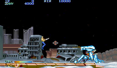 Forgotten Worlds (Arcade) screenshot: Destroy the robot.