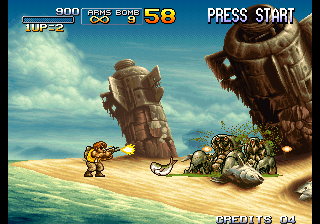 Metal Slug 3 (Arcade) screenshot: Shooting crabs on the beach.