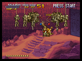 Metal Slug X (PlayStation) screenshot: Blowing up mummies with the shotgun.