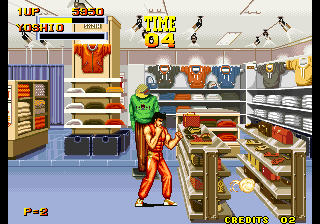 Burning Fight (Arcade) screenshot: Smash the shop.
