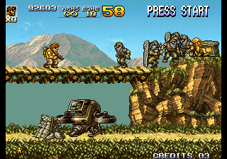 Metal Slug 5 (Arcade) screenshot: Crossing the bridge.