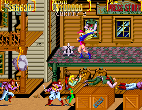 Sunset Riders (Arcade) screenshot: Girl with firing bottle