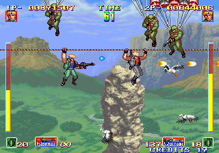 Shock Troopers (Arcade) screenshot: Multiplayer -rope fight