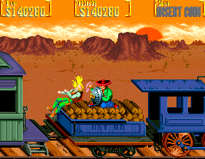 Sunset Riders (Arcade) screenshot: Boss with shield
