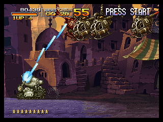 Metal Slug X (PlayStation) screenshot: The tank shooting down helicopters.