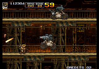 Metal Slug 5 (Arcade) screenshot: Two robots to destroy.