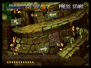 Metal Slug X (PlayStation) screenshot: Mummies spitting insects inside the tomb.