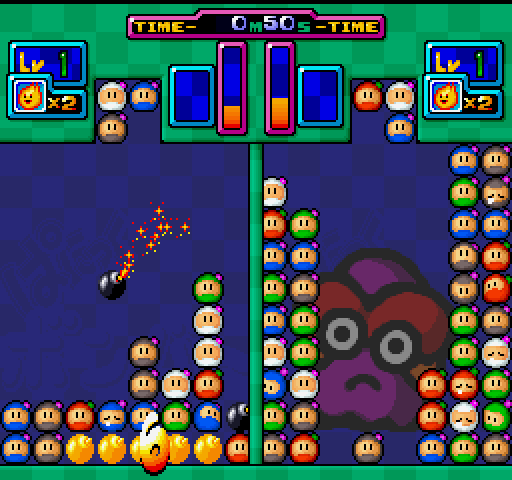 Bomberman: Panic Bomber (FM Towns) screenshot: Stage 3 against Buroru