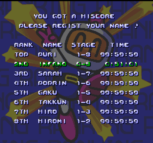 Bomberman: Panic Bomber (FM Towns) screenshot: Regist name for Hiscore... umm, well, okay