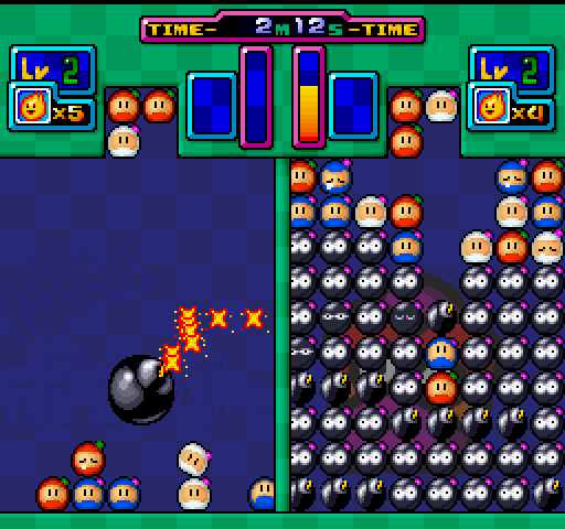 Bomberman: Panic Bomber (FM Towns) screenshot: About to drop the Bomba, and beat the opponent