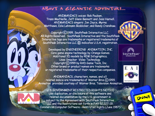 Animaniacs: A Gigantic Adventure (Windows) screenshot: About Game