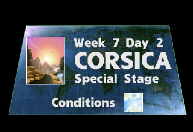 Power Drive Rally (Jaguar) screenshot: Corsica introduction screen. This is the last country to race on