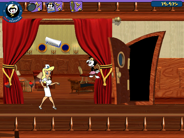 Animaniacs: A Gigantic Adventure (Windows) screenshot: The controls in this game are stiff and sometimes the characters can get stuck in mid-air like in this case when the nurse gives us a few extra hearts.